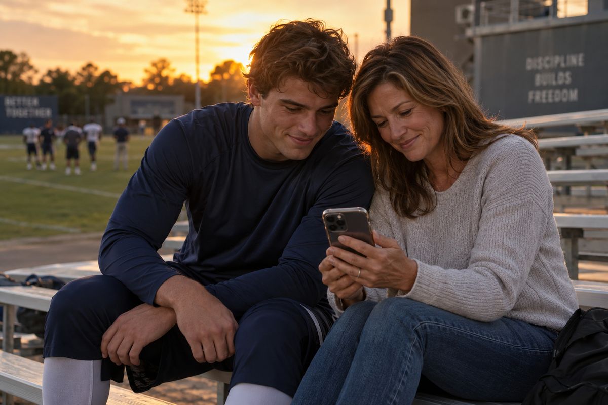 An athlete and his mom sit on the bleachers after practice, looking at a phone together.