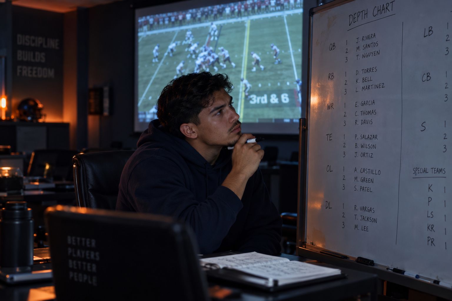 A player in a dark film room studies a whiteboard depth chart.